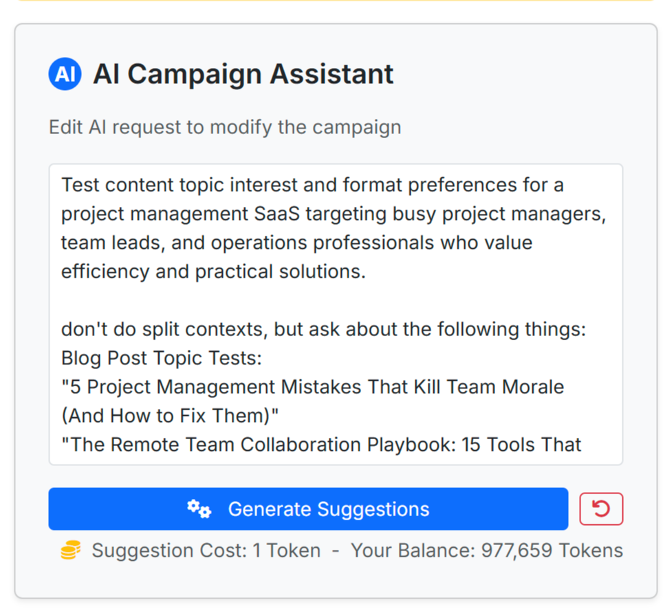 AI helping set up content strategy test